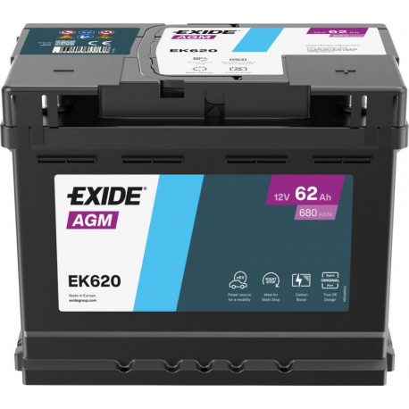 Akumulators AGM Exide EK620 62Ah, 680A, 12V 242x175x190